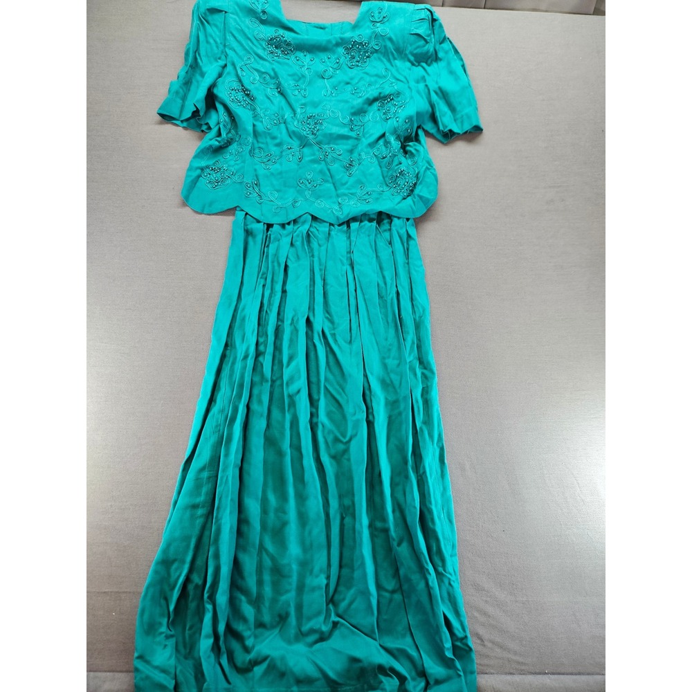 Vintage 1992 Plaza South Teal Green Beaded Soutache Maxi Dress Size 8 02-1028